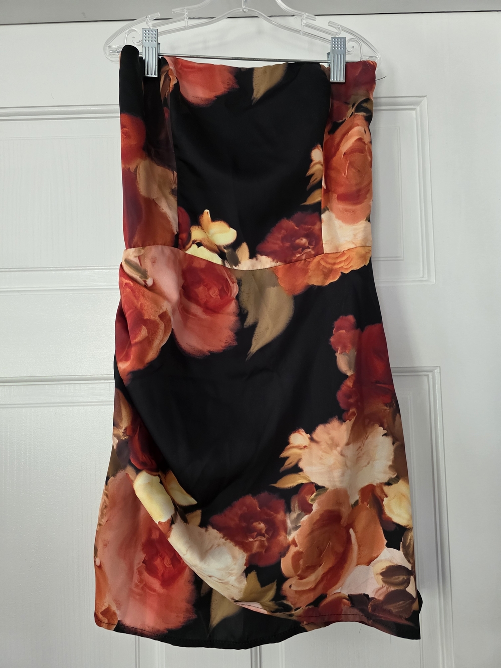 Reiss Black Strapless Dress with Red and Orange Floral Print